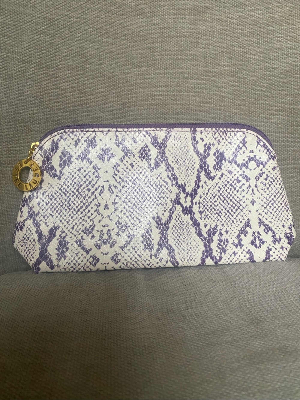 Estée Lauder Makeup Bag Snake Skin Print Gold Logo Zipper Purple & White NWOT